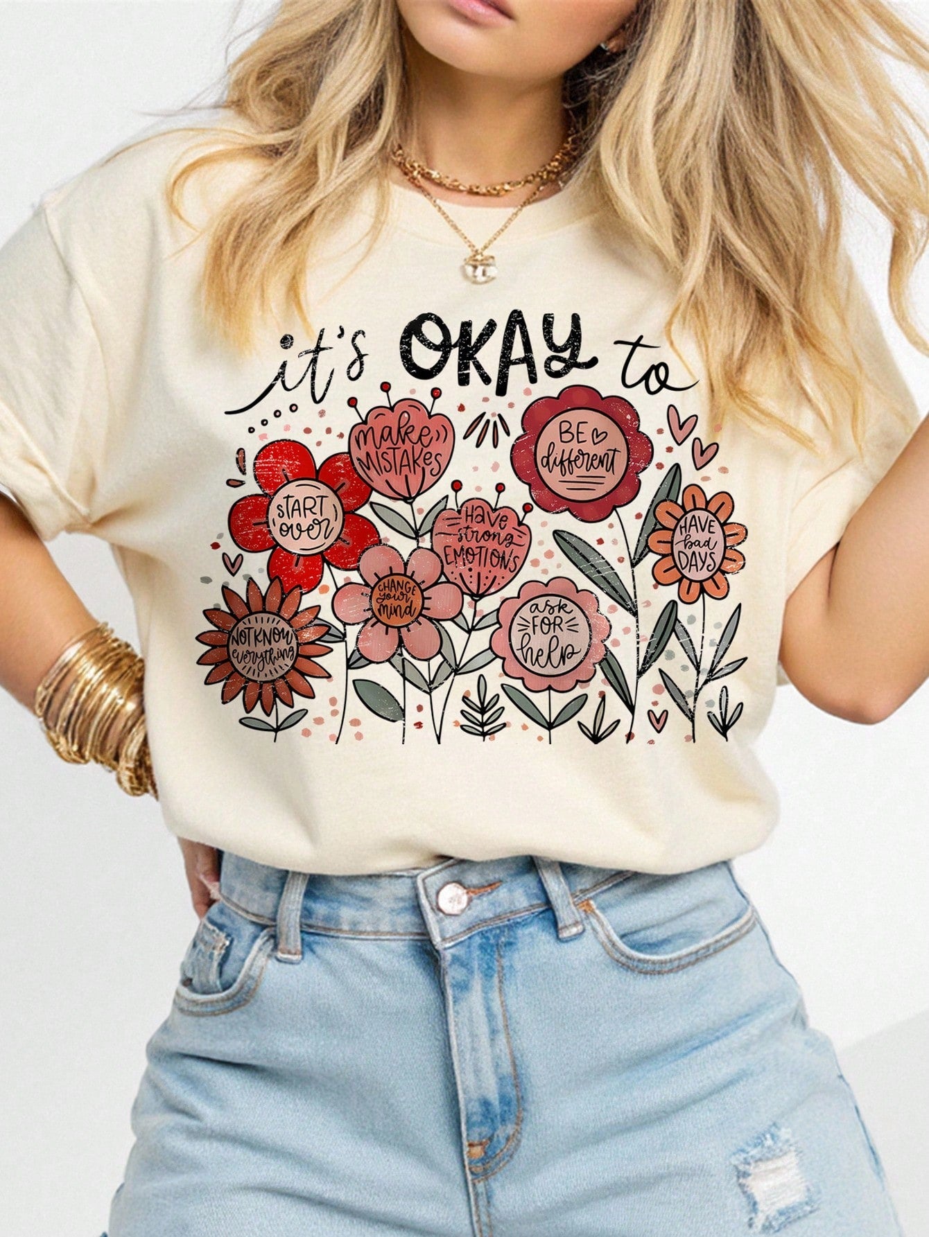 Plus Size Women Casual Floral & Inspirational Text Print Crew Neck Short Sleeve T-Shirt, Bohemian Home Wear