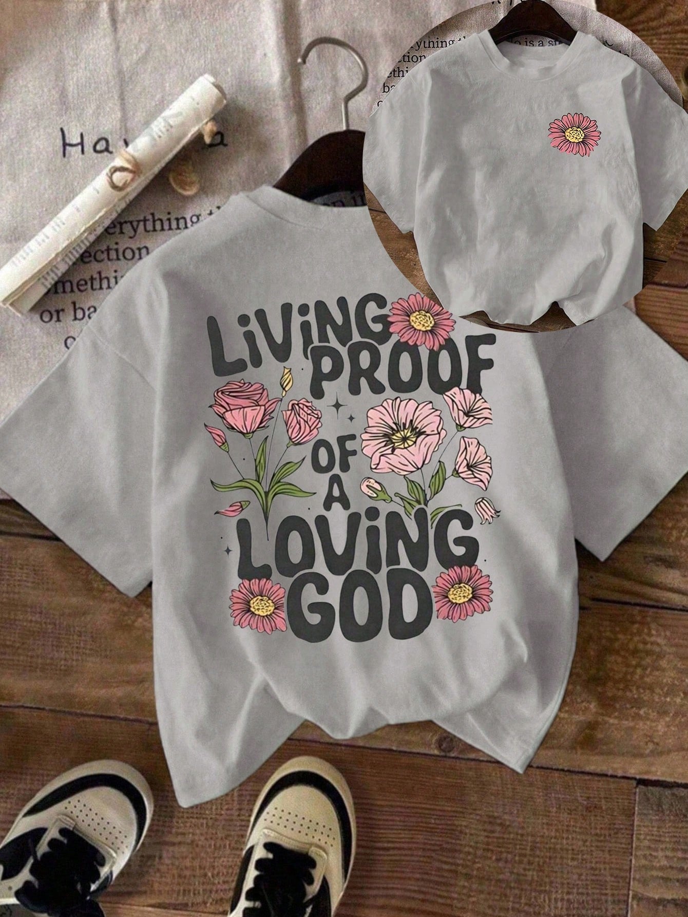 Plus Size Women Casual Floral & Slogan Print Short Sleeve Round Neck T-Shirt Summer