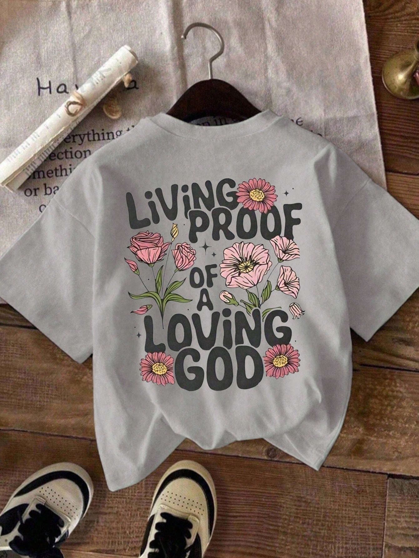 Plus Size Women Casual Floral & Slogan Print Short Sleeve Round Neck T-Shirt Summer