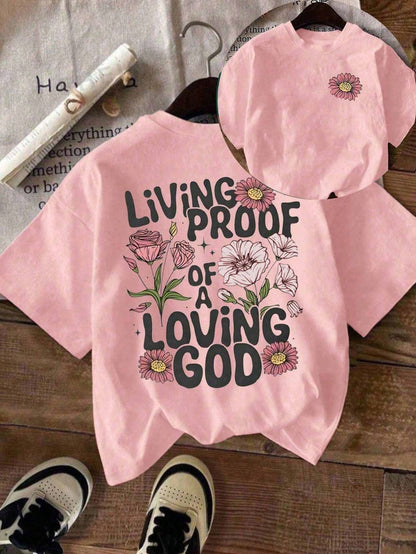 Plus Size Women Casual Floral & Slogan Print Short Sleeve Round Neck T-Shirt Summer