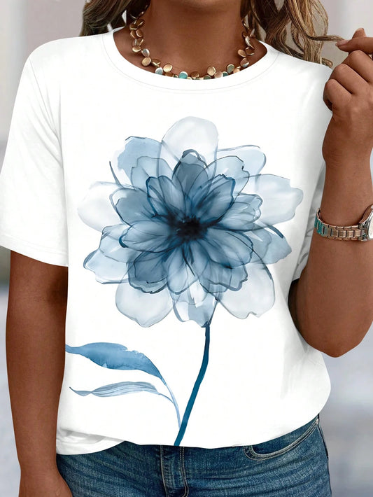 Plus Size Women Casual Watercolor Floral Print Round Neck Short Sleeve T-Shirt