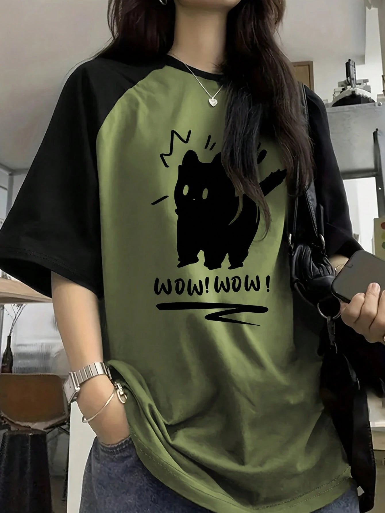 Plus Size Women Casual Y2K Cute Cat Print Colorblock Raglan Sleeve Short Sleeve Crew Neck T-Shirt Summer