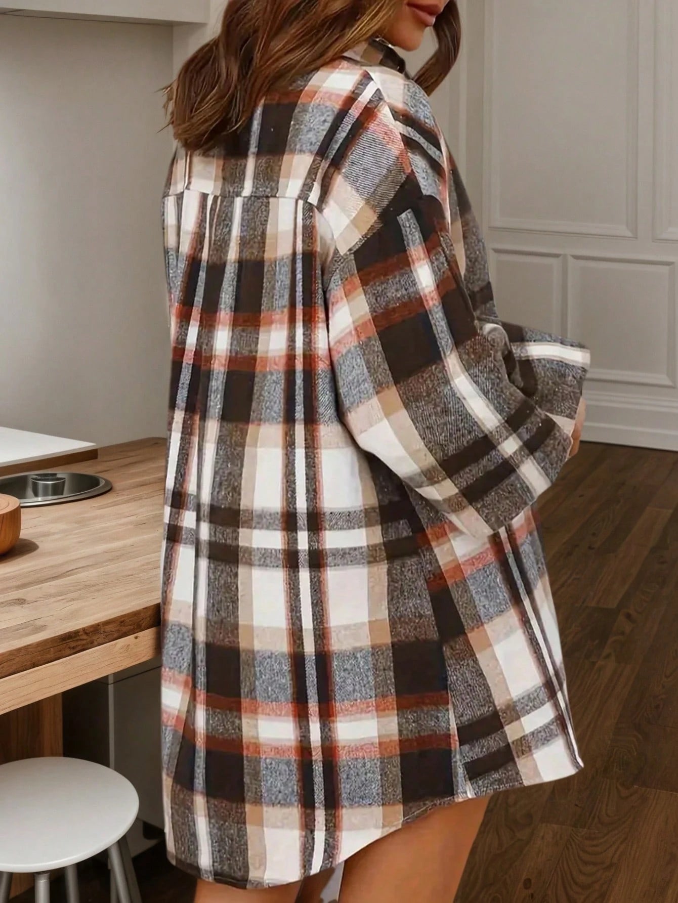 Plus Size Women Elegant Shirt Jacket- Button Front Plaid Lantern Sleeve Loose Version- Office Casual Top, Checkered Pattern Blouse Spring