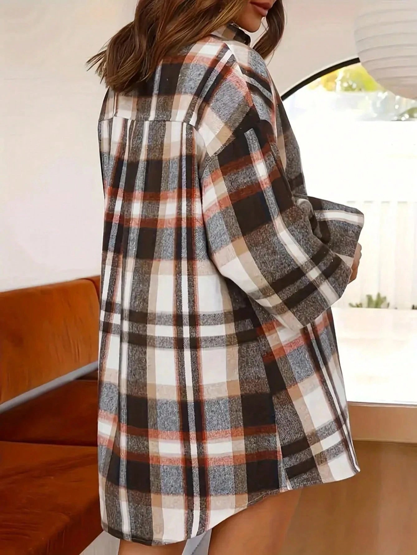 Plus Size Women Elegant Shirt Jacket- Button Front Plaid Lantern Sleeve Loose Version- Office Casual Top, Checkered Pattern Blouse Spring