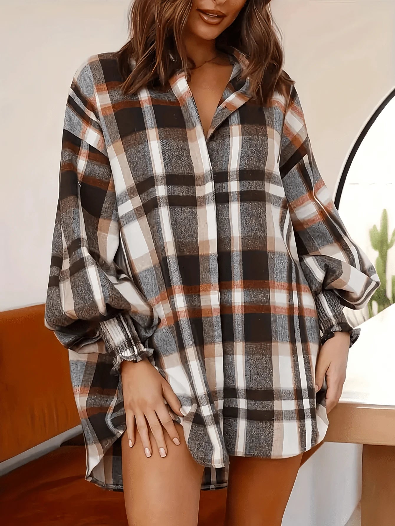 Plus Size Women Elegant Shirt Jacket- Button Front Plaid Lantern Sleeve Loose Version- Office Casual Top, Checkered Pattern Blouse Spring