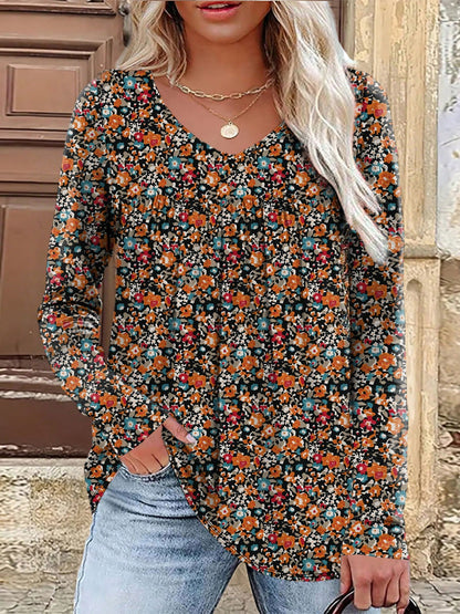 Plus Size Women Floral Print Casual Long Sleeve T-Shirt, Spring/Autumn