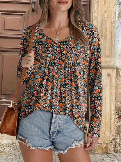 Plus Size Women Floral Print Casual Long Sleeve T-Shirt, Spring/Autumn
