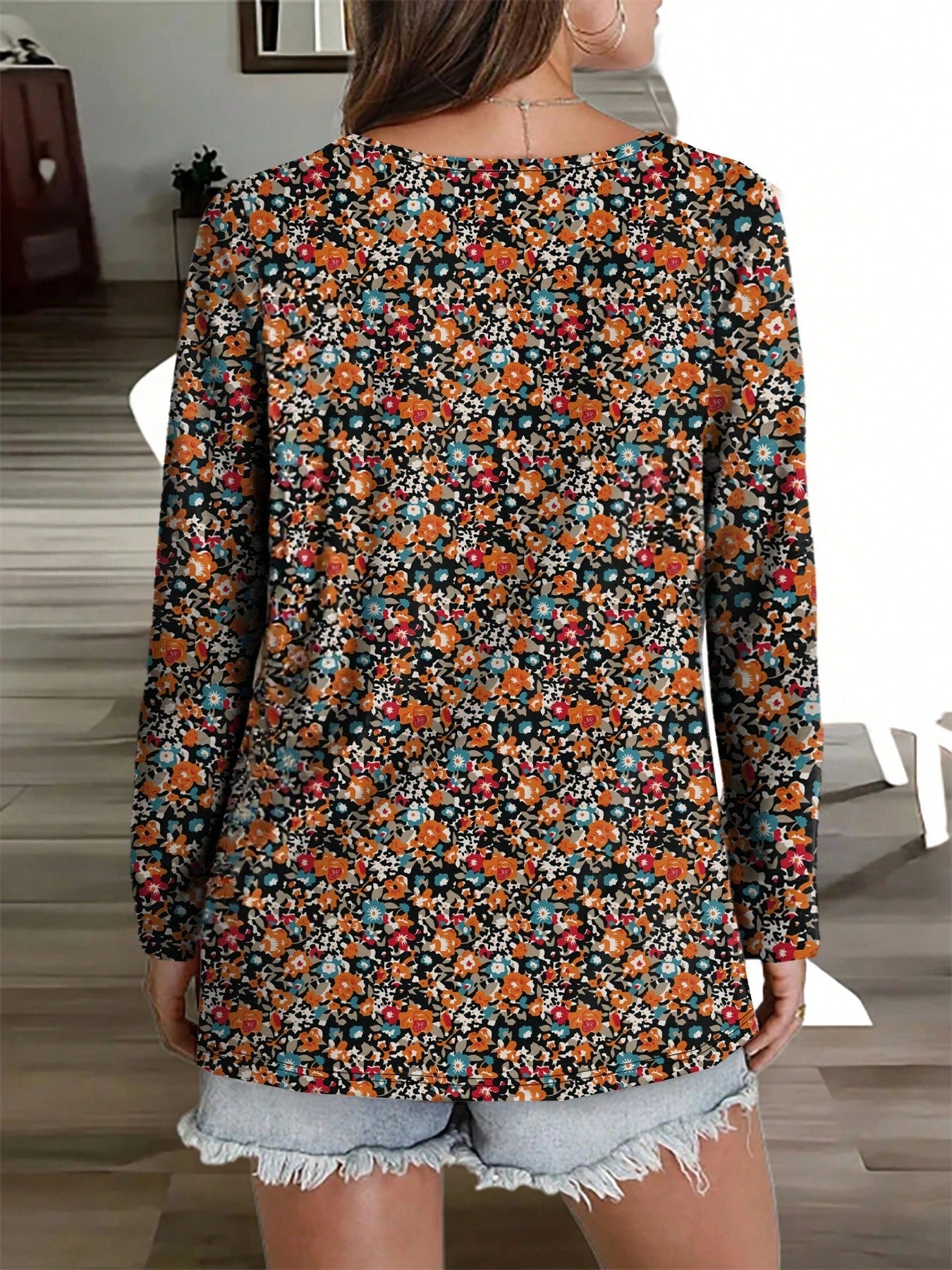 Plus Size Women Floral Print Casual Long Sleeve T-Shirt, Spring/Autumn