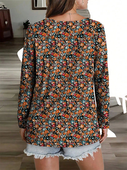 Plus Size Women Floral Print Casual Long Sleeve T-Shirt, Spring/Autumn
