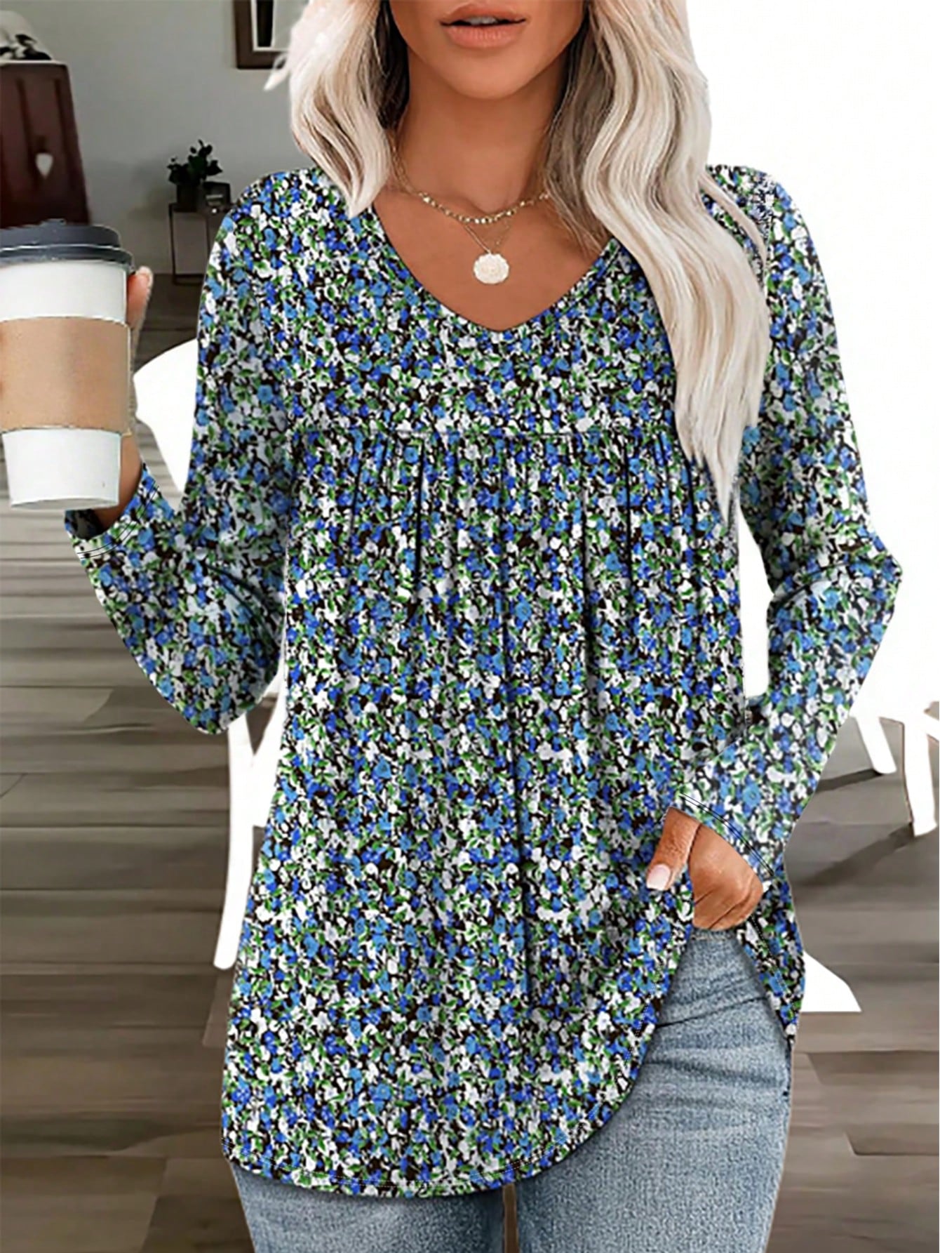 Plus Size Women Floral Print Casual Long Sleeve T-Shirt, Spring/Autumn