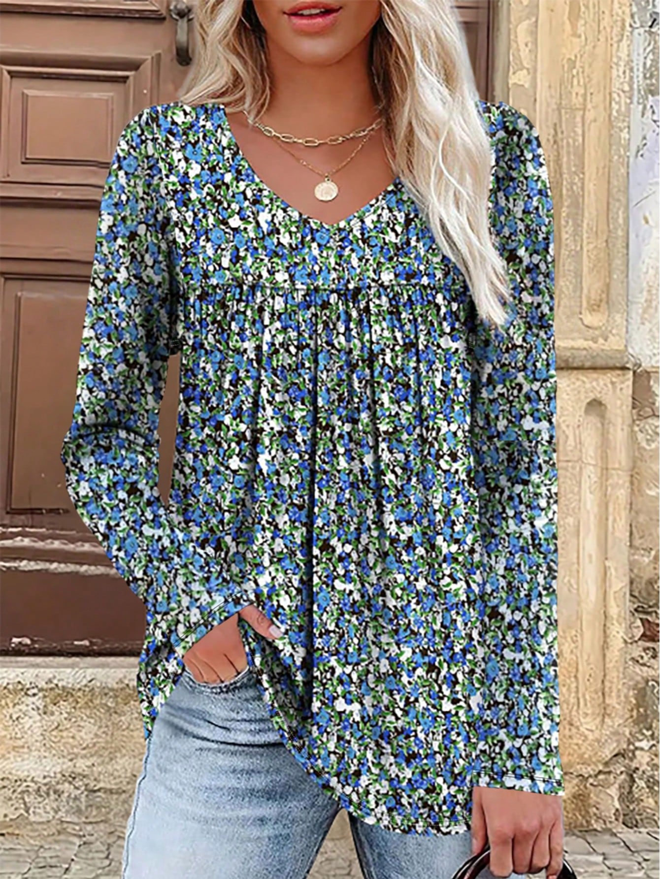 Plus Size Women Floral Print Casual Long Sleeve T-Shirt, Spring/Autumn