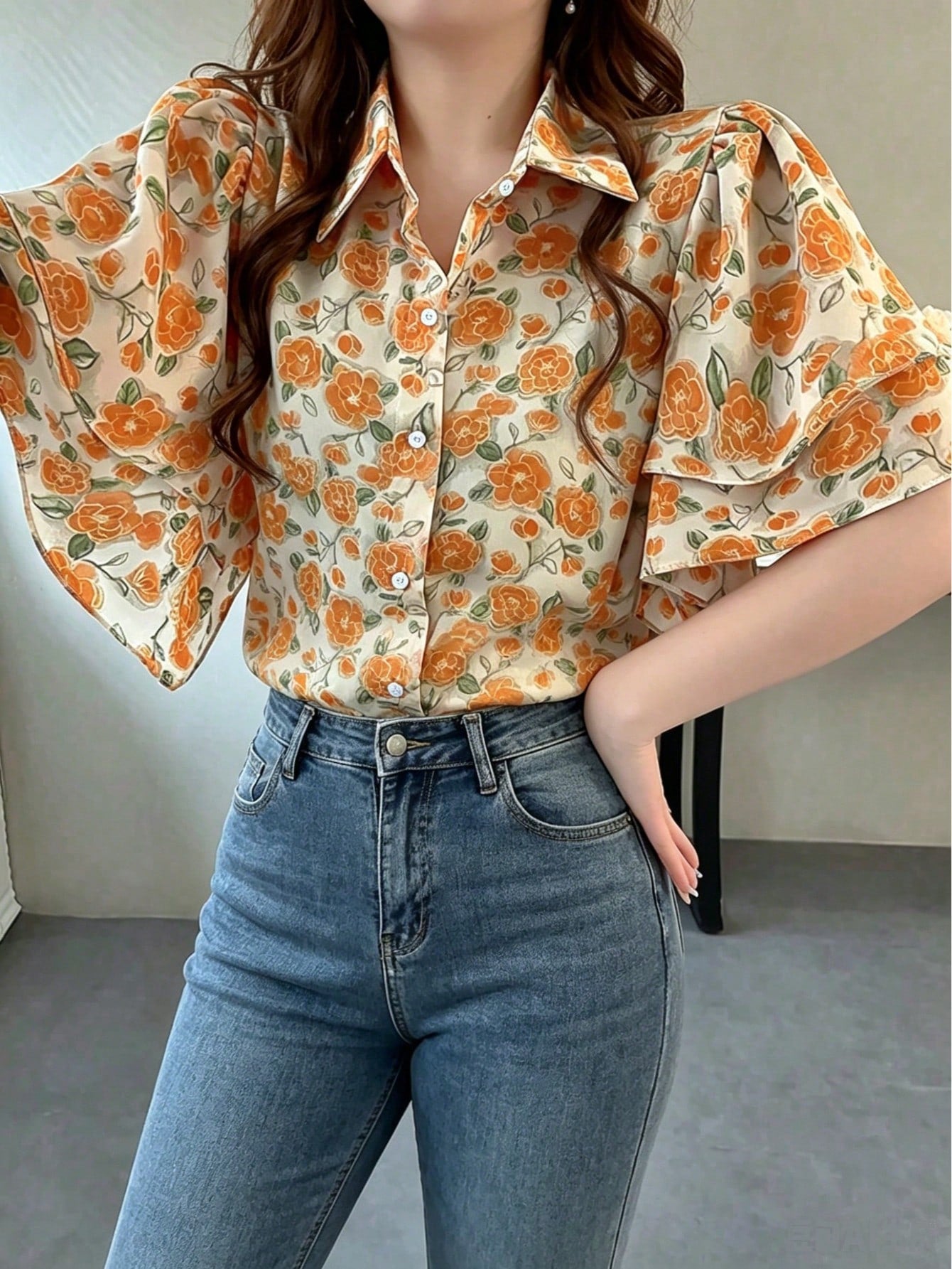 Plus Size Women Floral Print Ruffle Trim Short Sleeve Blouse Vacation Summer