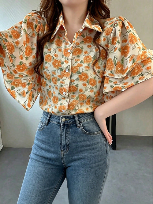 Plus Size Women Floral Print Ruffle Trim Short Sleeve Blouse Vacation Summer