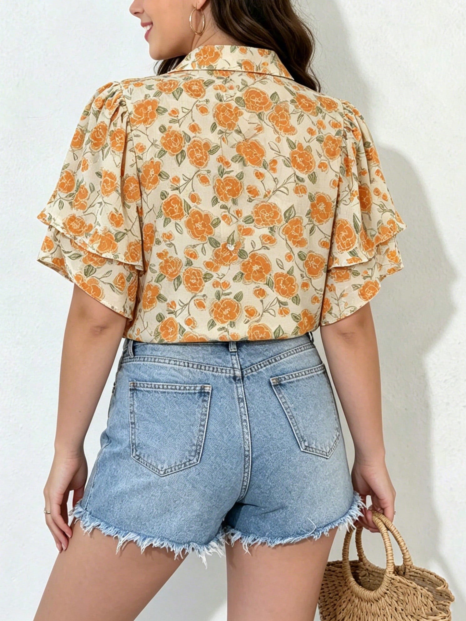 Plus Size Women Floral Print Ruffle Trim Short Sleeve Blouse Vacation Summer