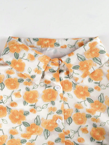 Plus Size Women Floral Print Ruffle Trim Short Sleeve Blouse Vacation Summer