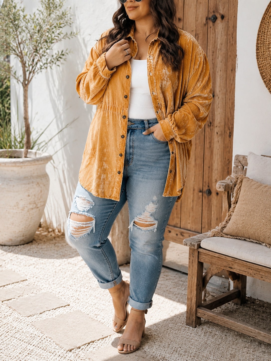 Plus Size Women Mustard Yellow Washed Velvet Button Down Shacket, Collared Long Sleeve Drawstring Cinched Waist Oversized Casual Fall Blouse Jacket