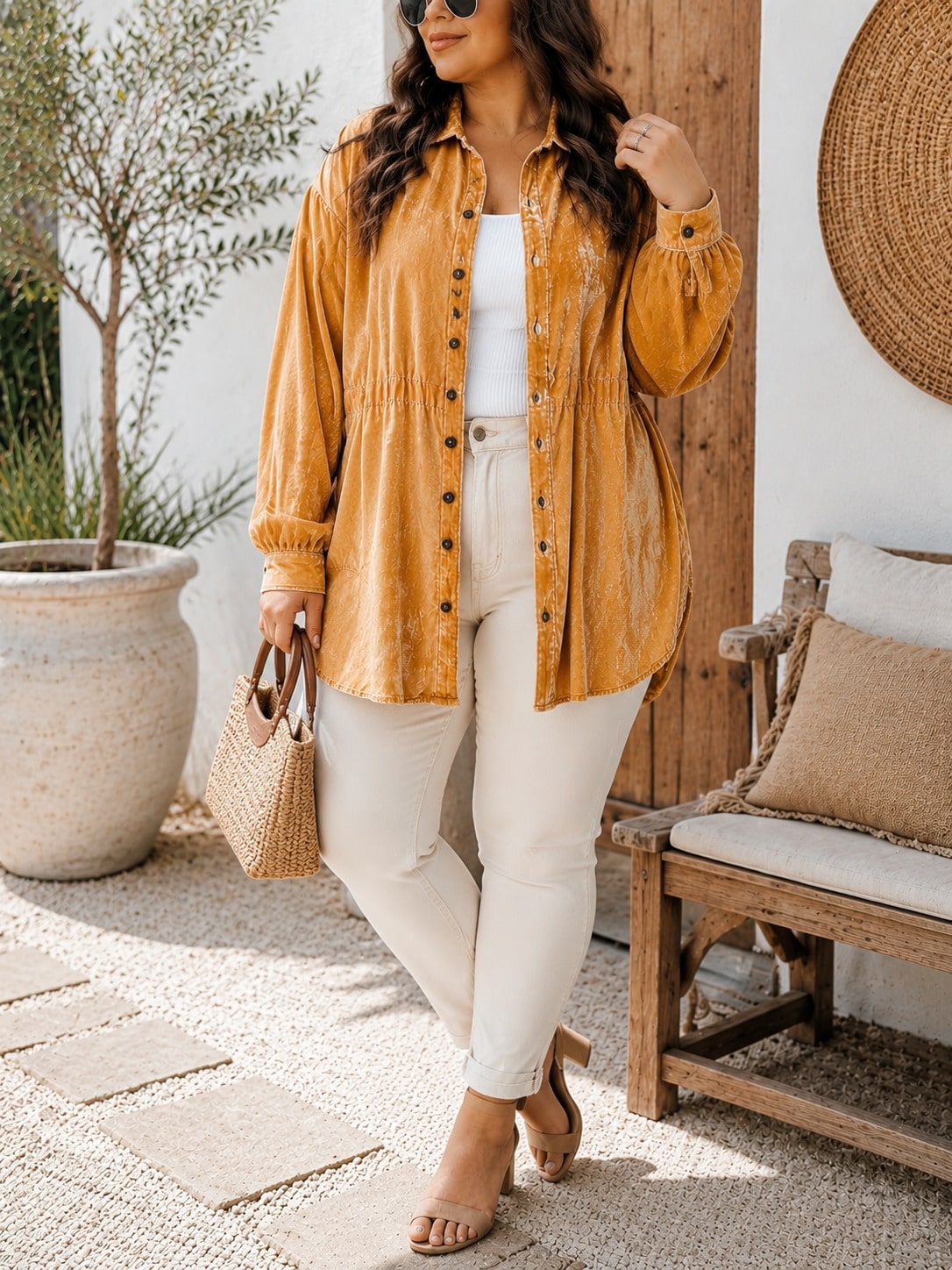 Plus Size Women Mustard Yellow Washed Velvet Button Down Shacket, Collared Long Sleeve Drawstring Cinched Waist Oversized Casual Fall Blouse Jacket
