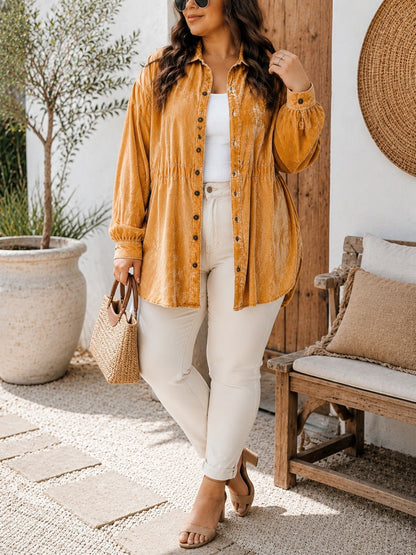 Plus Size Women Mustard Yellow Washed Velvet Button Down Shacket, Collared Long Sleeve Drawstring Cinched Waist Oversized Casual Fall Blouse Jacket