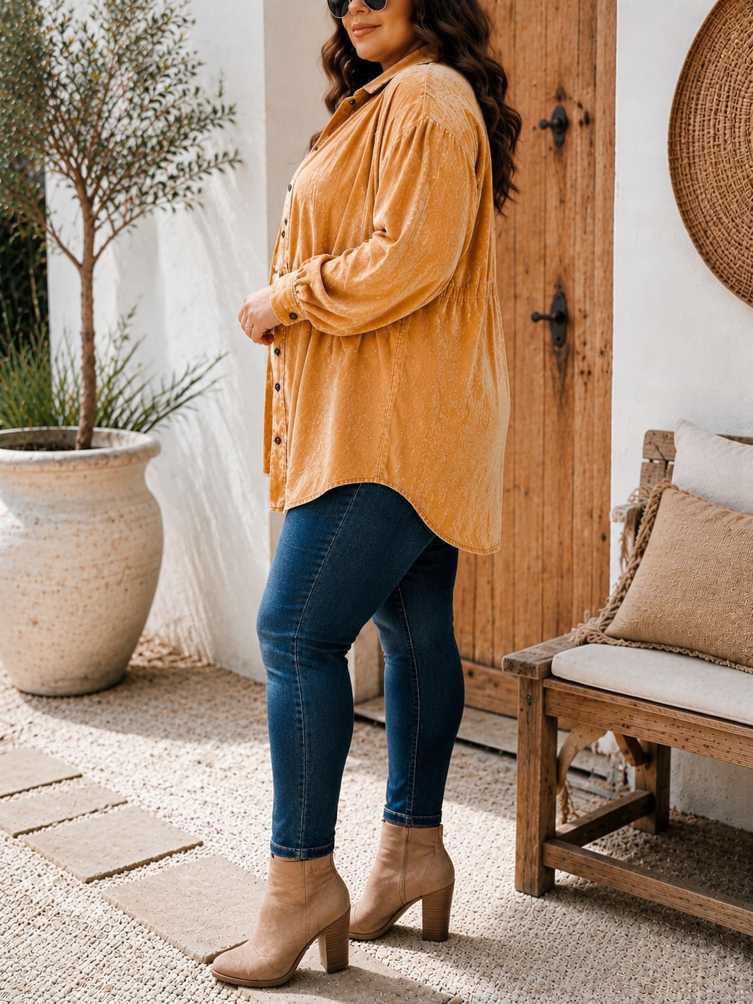 Plus Size Women Mustard Yellow Washed Velvet Button Down Shacket, Collared Long Sleeve Drawstring Cinched Waist Oversized Casual Fall Blouse Jacket