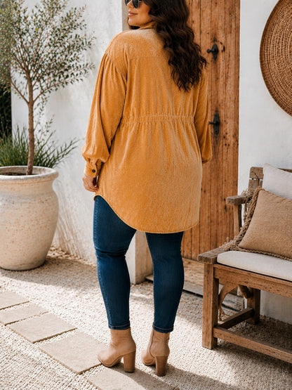 Plus Size Women Mustard Yellow Washed Velvet Button Down Shacket, Collared Long Sleeve Drawstring Cinched Waist Oversized Casual Fall Blouse Jacket