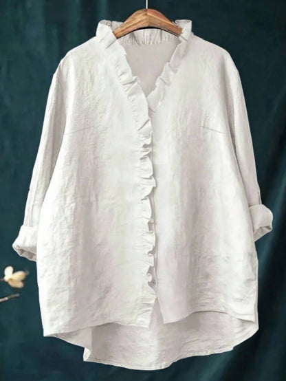 Plus Size Women Ruffle Trim Long Sleeve Regular Fit Casual Blouse, Suitable For Daily Office Wear White Spring
