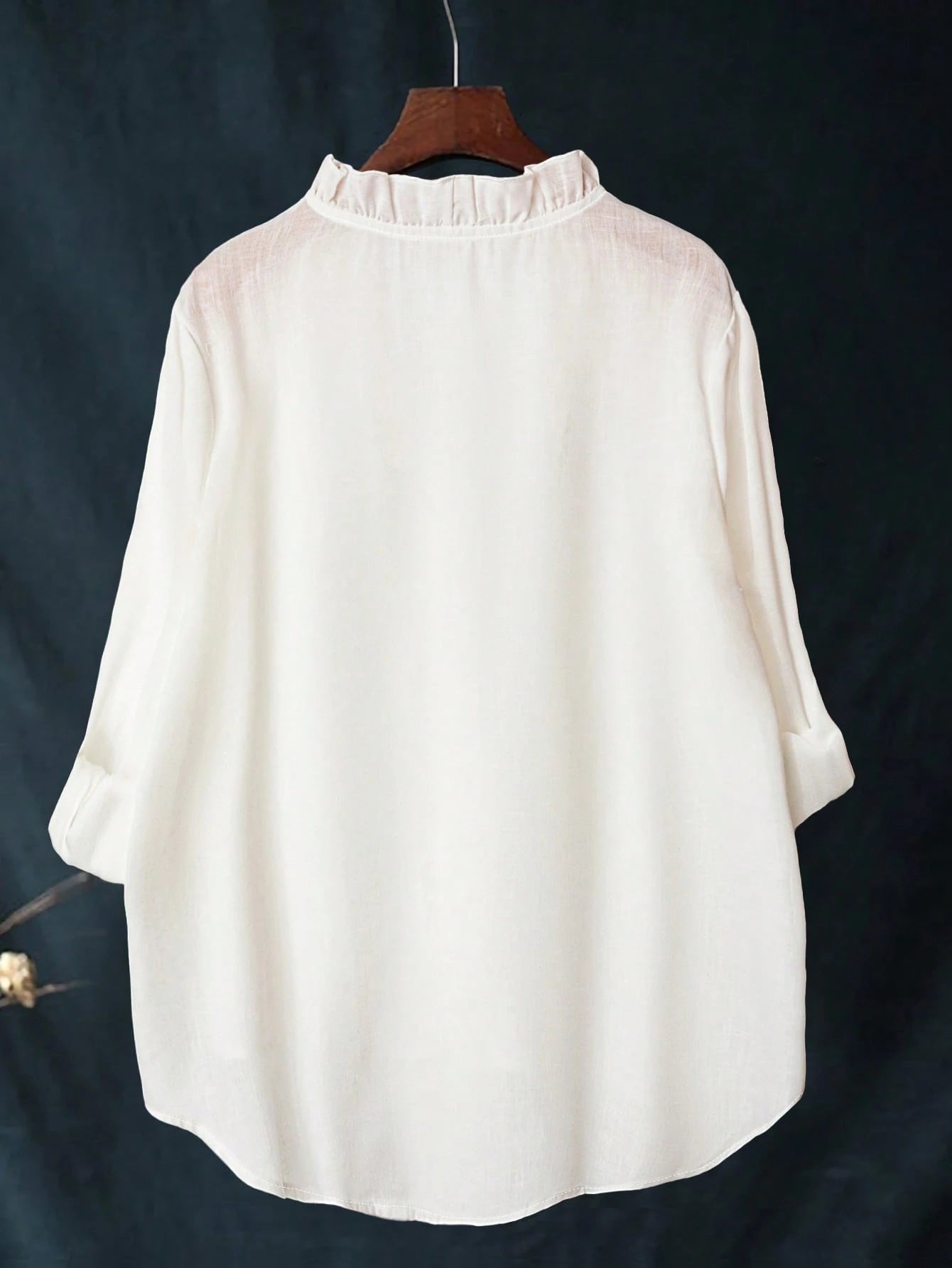 Plus Size Women Ruffle Trim Long Sleeve Regular Fit Casual Blouse, Suitable For Daily Office Wear White Spring