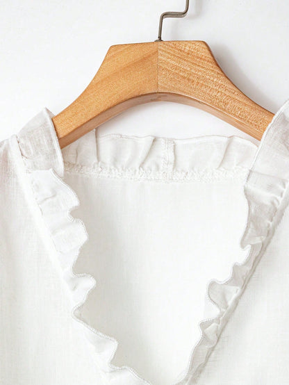 Plus Size Women Ruffle Trim Long Sleeve Regular Fit Casual Blouse, Suitable For Daily Office Wear White Spring