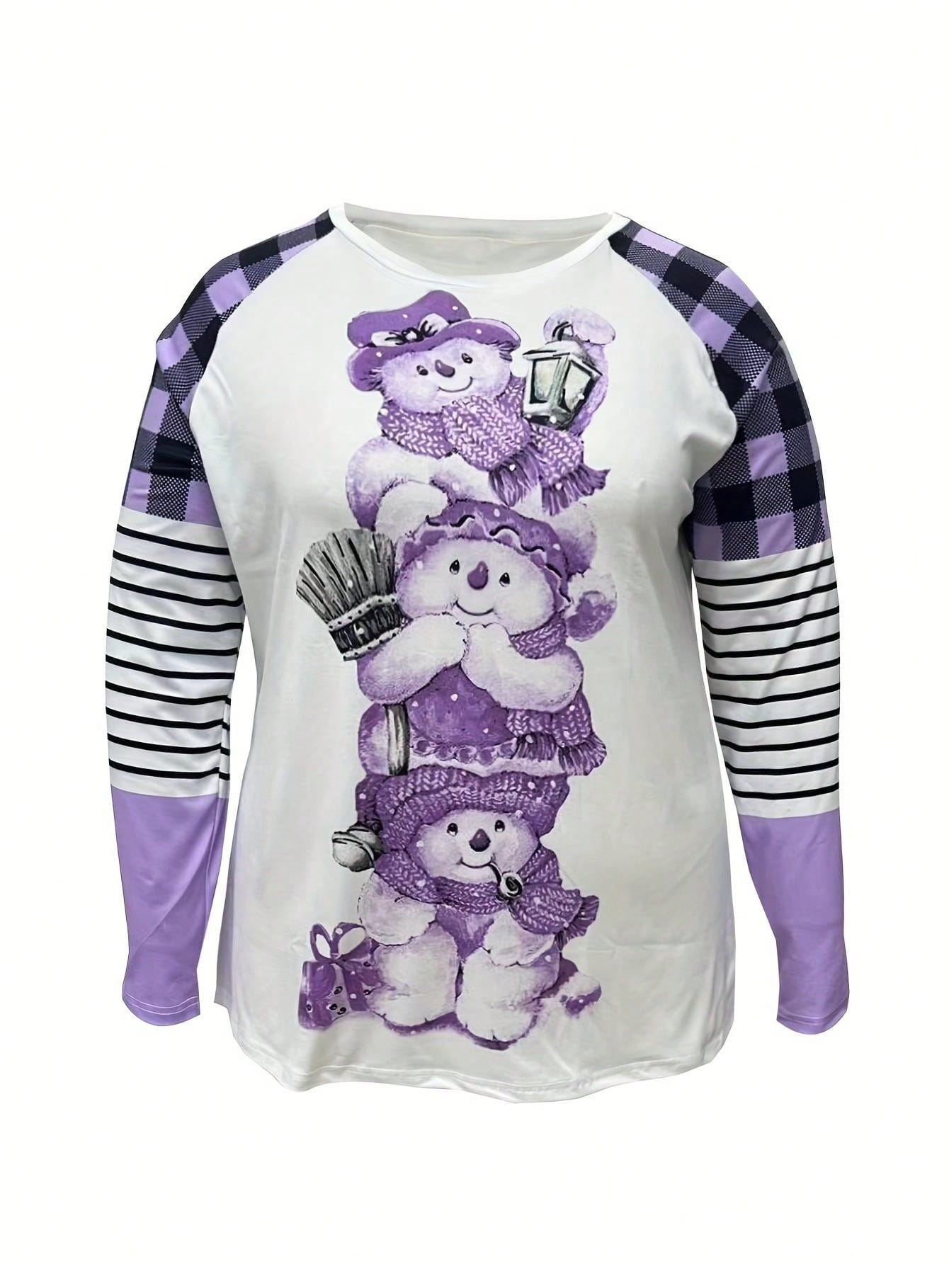 Plus Size Women's Cartoon Snowman & Plaid Print Long Sleeve Casual T-Shirt, Spring/Autumn