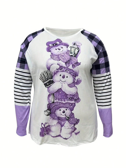 Plus Size Women's Cartoon Snowman & Plaid Print Long Sleeve Casual T-Shirt, Spring/Autumn