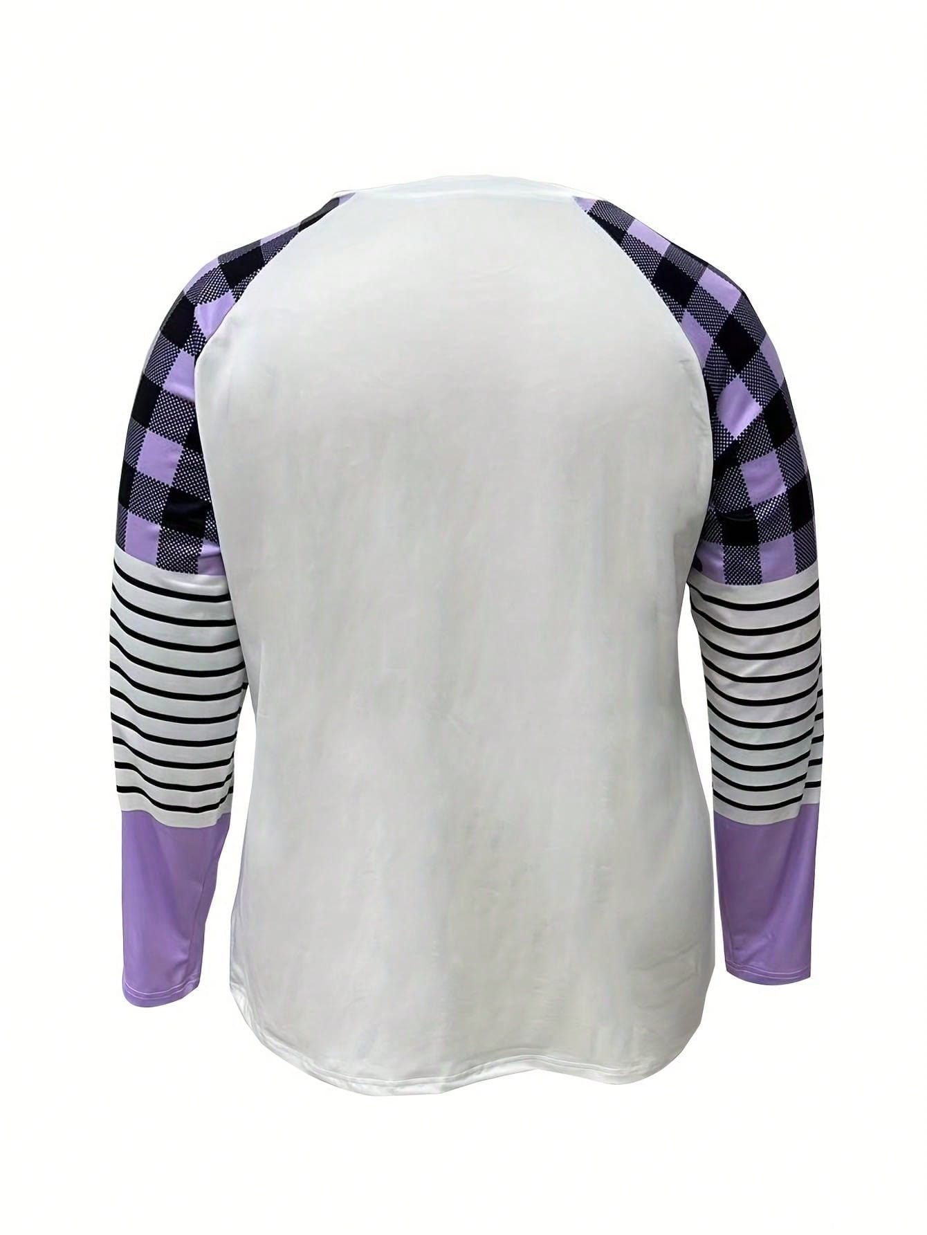 Plus Size Women's Cartoon Snowman & Plaid Print Long Sleeve Casual T-Shirt, Spring/Autumn