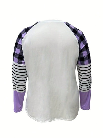 Plus Size Women's Cartoon Snowman & Plaid Print Long Sleeve Casual T-Shirt, Spring/Autumn