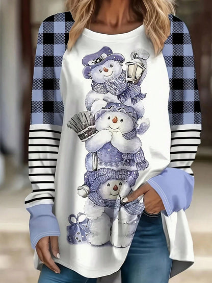 Plus Size Women's Cartoon Snowman & Plaid Print Long Sleeve Casual T-Shirt, Spring/Autumn