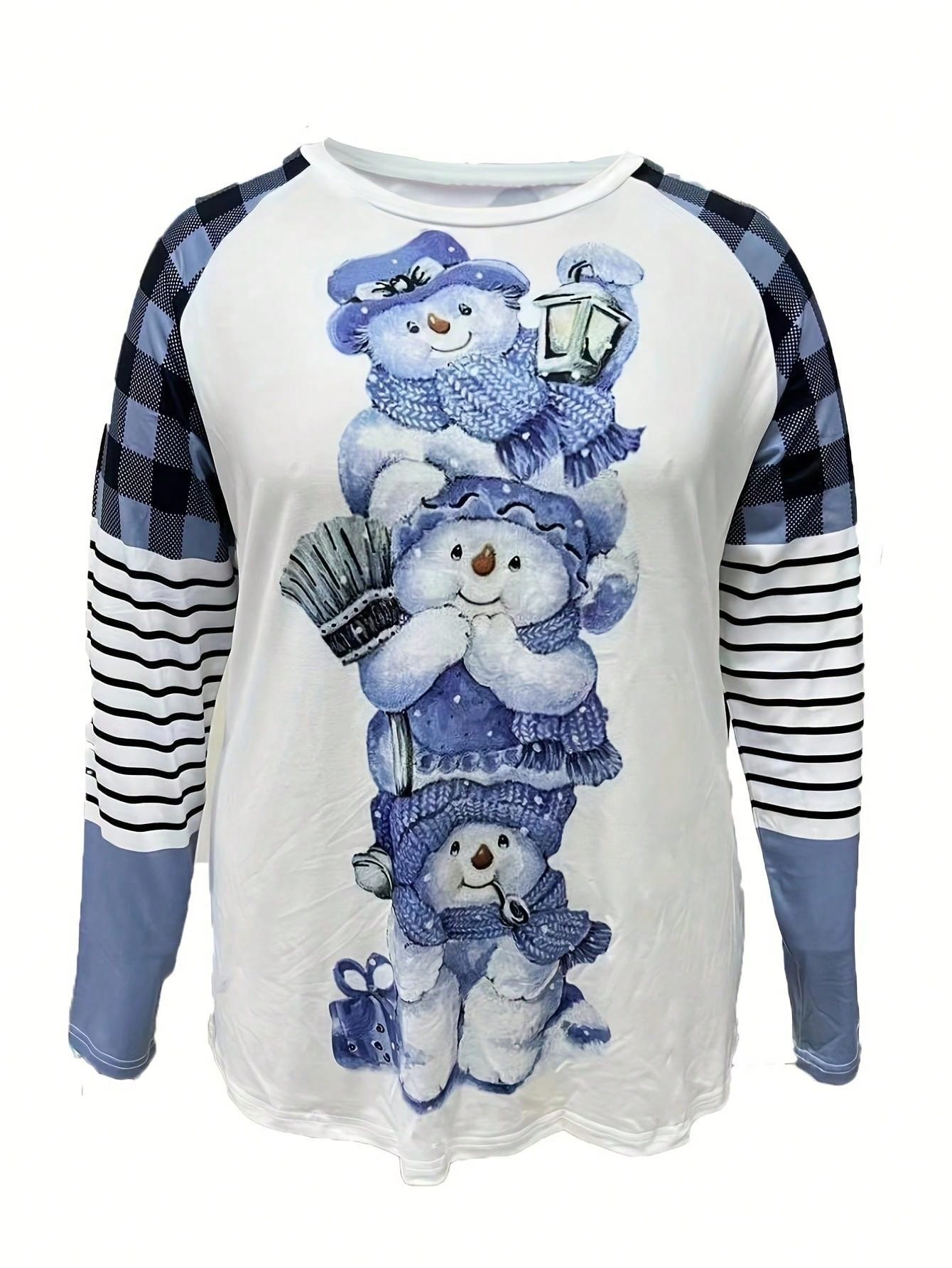 Plus Size Women's Cartoon Snowman & Plaid Print Long Sleeve Casual T-Shirt, Spring/Autumn