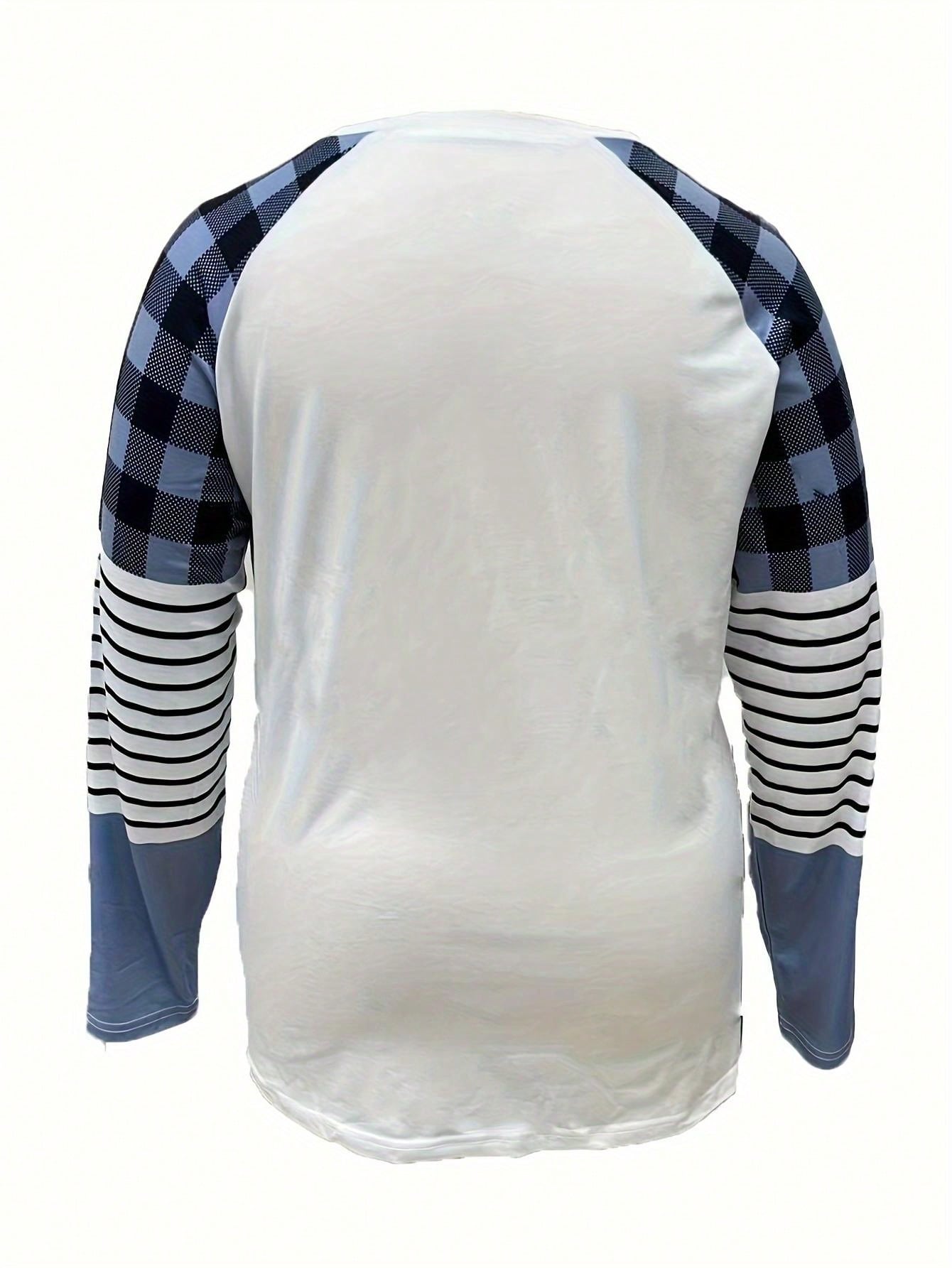 Plus Size Women's Cartoon Snowman & Plaid Print Long Sleeve Casual T-Shirt, Spring/Autumn