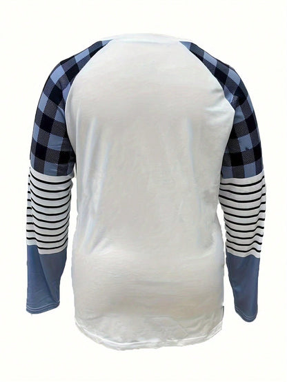 Plus Size Women's Cartoon Snowman & Plaid Print Long Sleeve Casual T-Shirt, Spring/Autumn