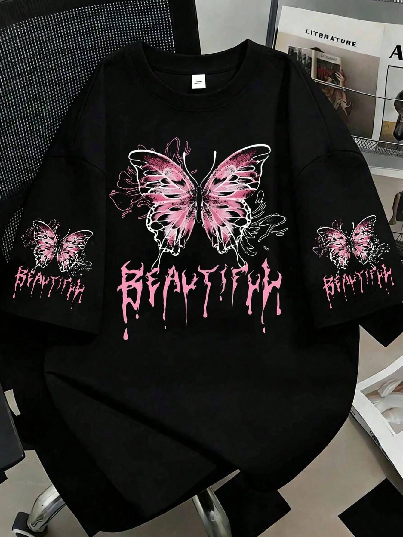 Plus Size Women's Casual Creative Cute Pink Bow & Letter Print Short Sleeve Top Black Summer
