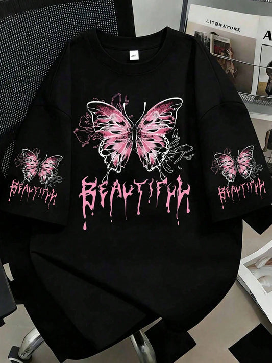 Plus Size Women's Casual Creative Cute Pink Bow & Letter Print Short Sleeve Top Black Summer