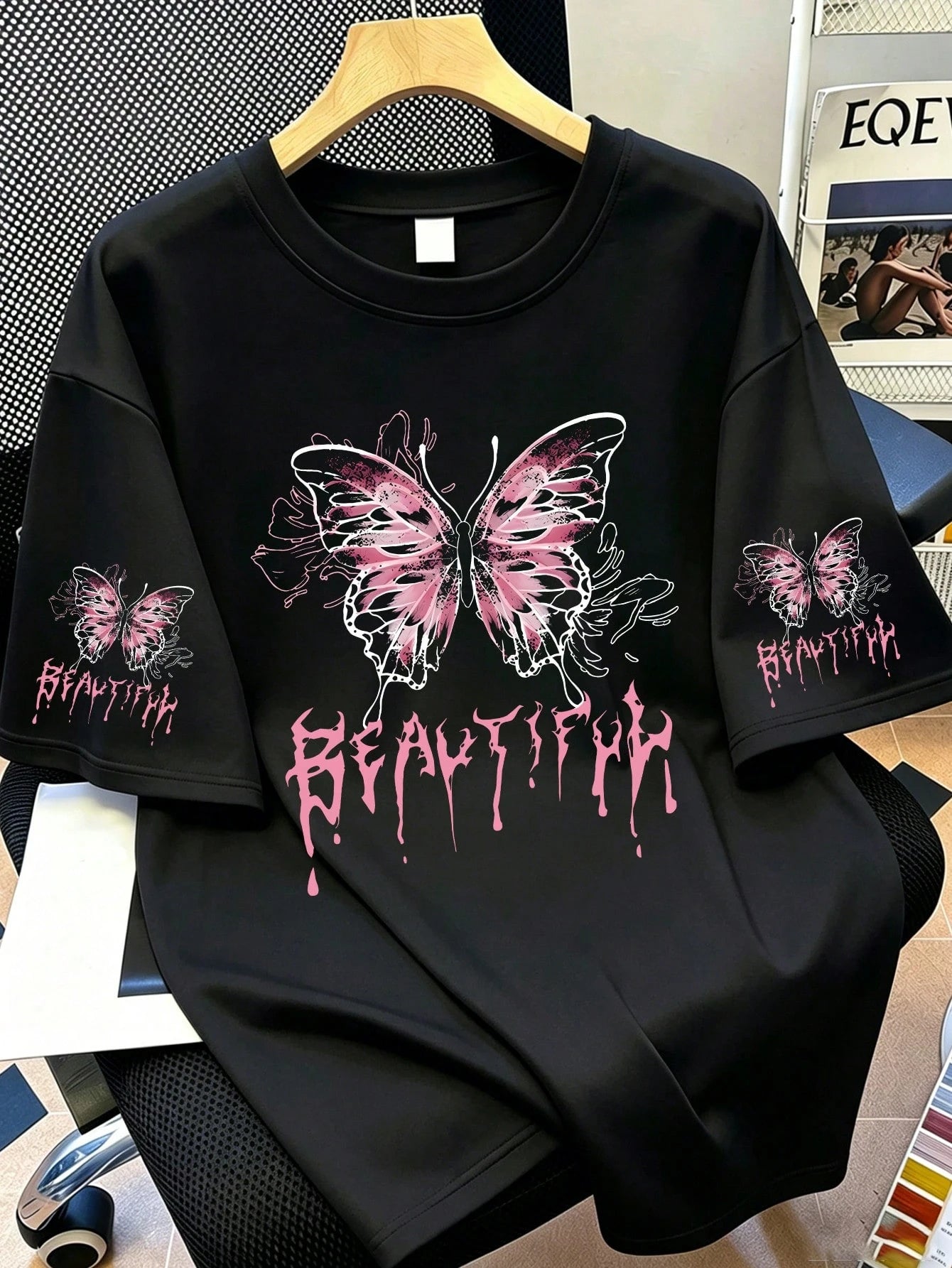 Plus Size Women's Casual Creative Cute Pink Bow & Letter Print Short Sleeve Top Black Summer