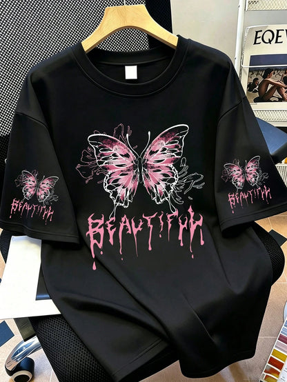 Plus Size Women's Casual Creative Cute Pink Bow & Letter Print Short Sleeve Top Black Summer
