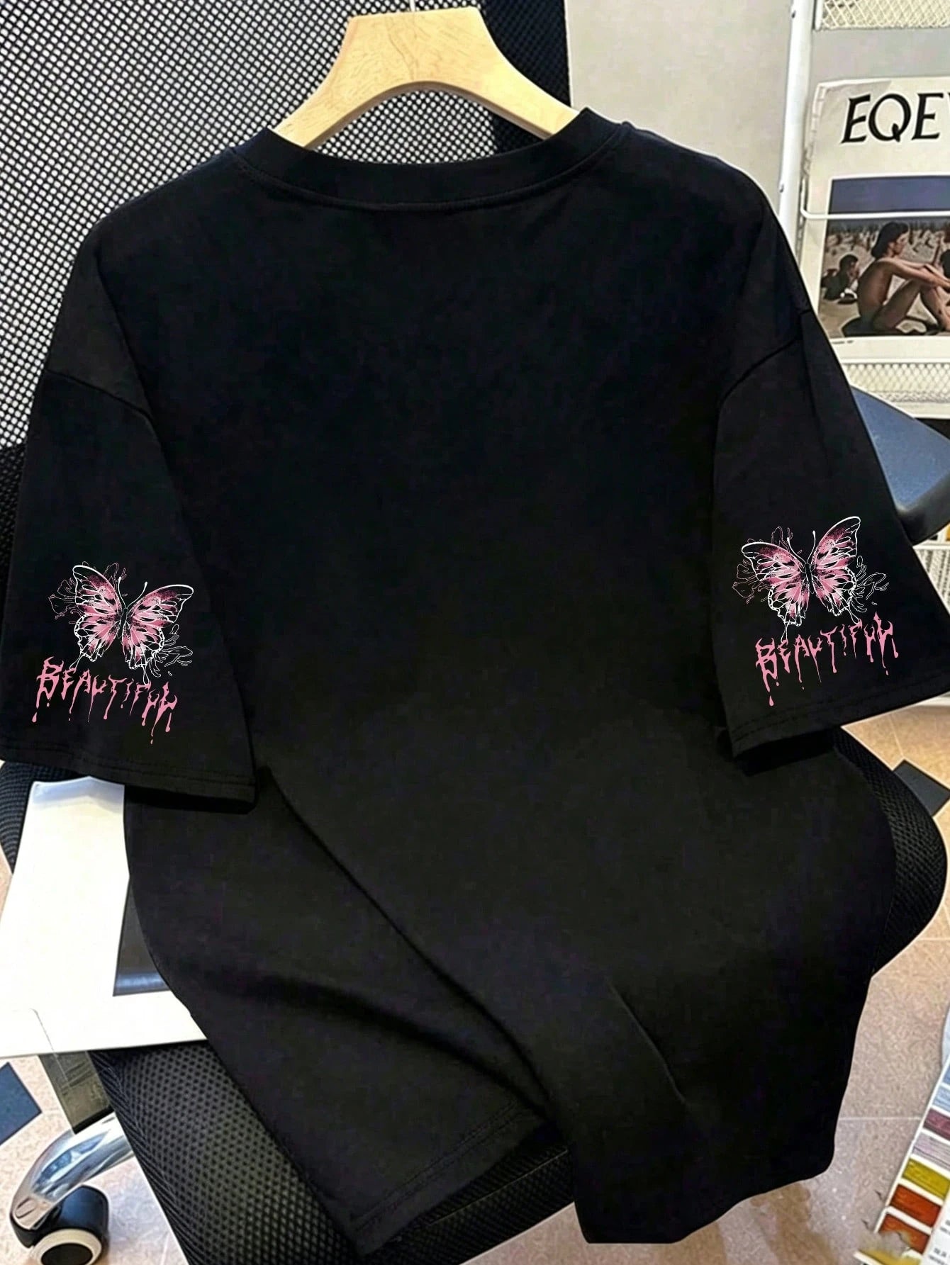 Plus Size Women's Casual Creative Cute Pink Bow & Letter Print Short Sleeve Top Black Summer