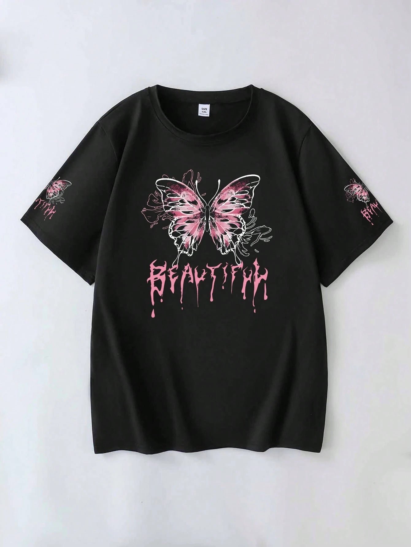 Plus Size Women's Casual Creative Cute Pink Bow & Letter Print Short Sleeve Top Black Summer