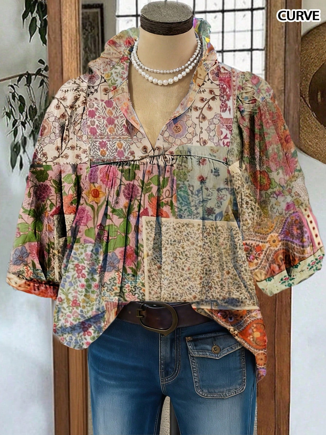 Plus Size Women's Casual Holiday Floral Ruffle Loose Half Sleeve Lantern Sleeve Blouse, Spring/Summer Vacation