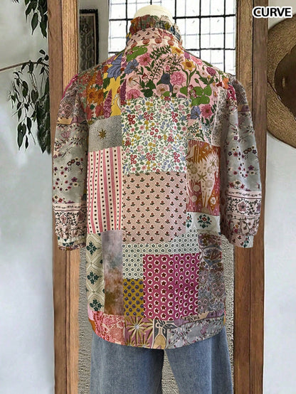 Plus Size Women's Casual Holiday Floral Ruffle Loose Half Sleeve Lantern Sleeve Blouse, Spring/Summer Vacation