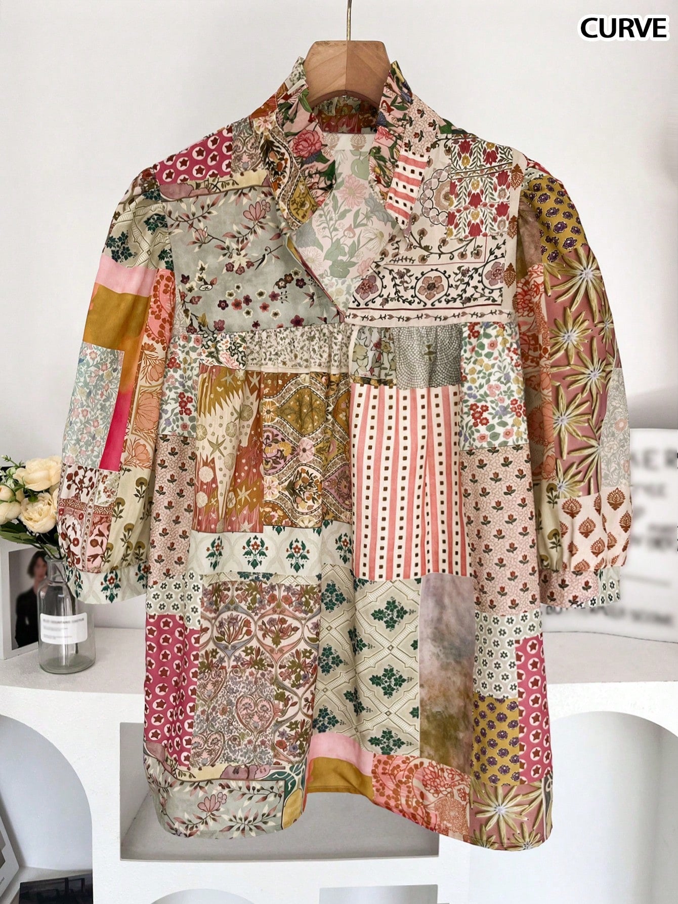 Plus Size Women's Casual Holiday Floral Ruffle Loose Half Sleeve Lantern Sleeve Blouse, Spring/Summer Vacation