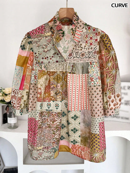 Plus Size Women's Casual Holiday Floral Ruffle Loose Half Sleeve Lantern Sleeve Blouse, Spring/Summer Vacation