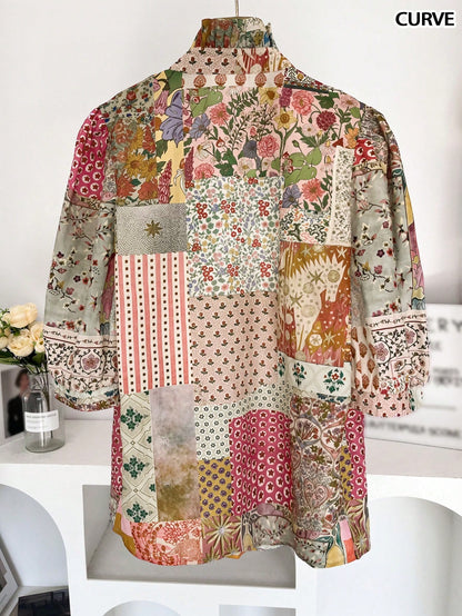 Plus Size Women's Casual Holiday Floral Ruffle Loose Half Sleeve Lantern Sleeve Blouse, Spring/Summer Vacation