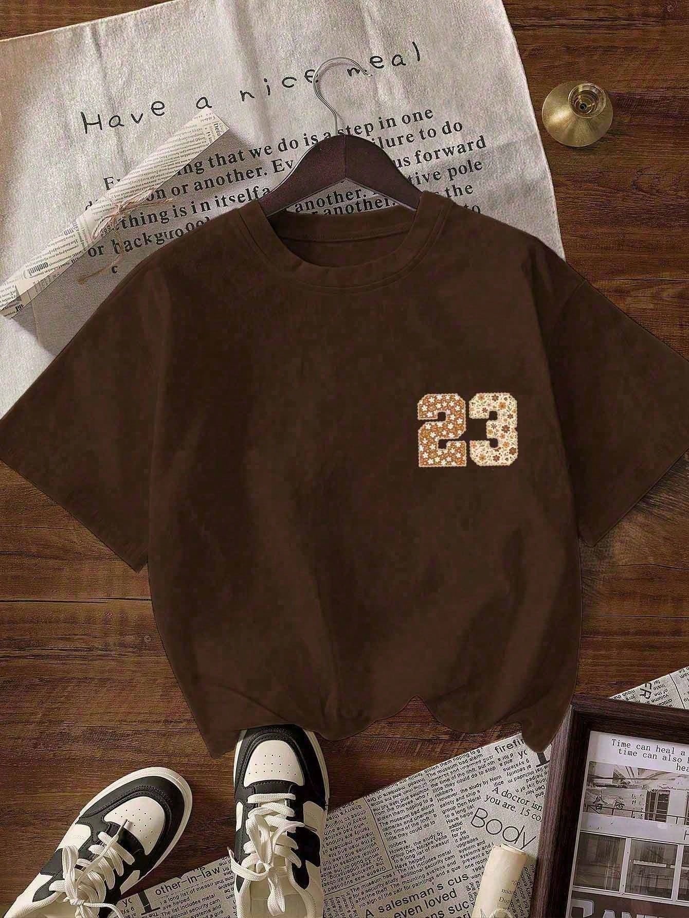 Plus Size Women's Casual Round Neck Short Sleeve T-Shirt, Vintage Autumn Faith Design Summer Brown