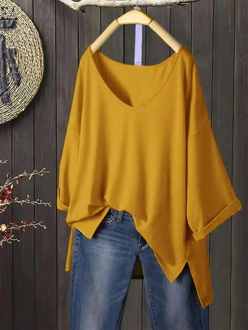 Plus Size Women's Casual V-Neck Loose T-Shirt With Side Slit, Orange Yellow