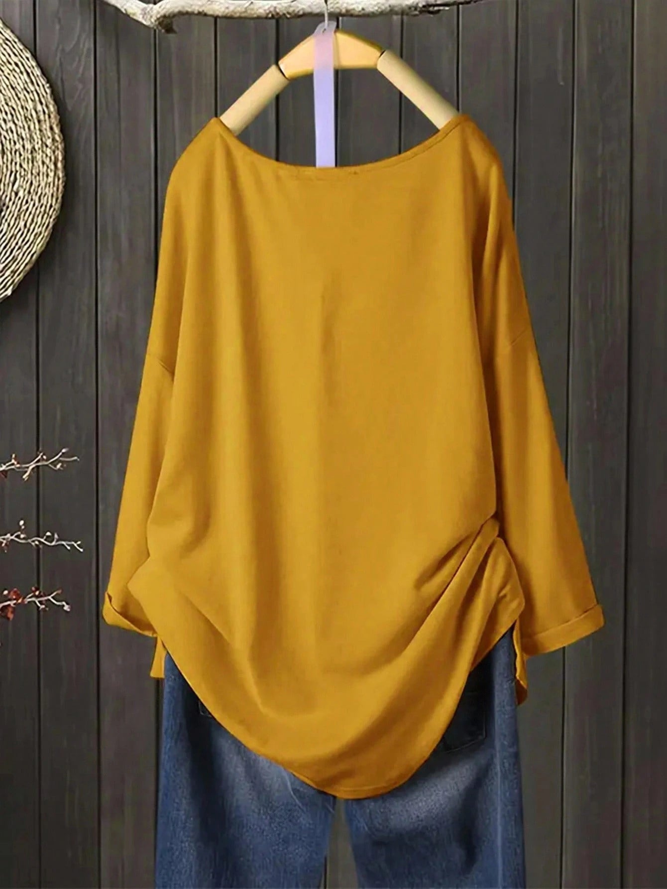 Plus Size Women's Casual V-Neck Loose T-Shirt With Side Slit, Orange Yellow