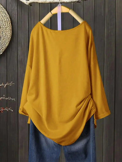 Plus Size Women's Casual V-Neck Loose T-Shirt With Side Slit, Orange Yellow